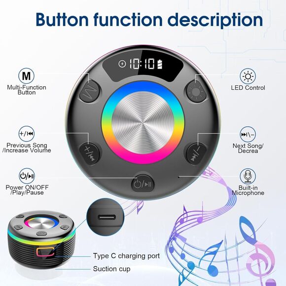 OYIB Bluetooth Shower Speaker 360° HD Sound, RGB Lights, FM Radio - Picture 6 of 7